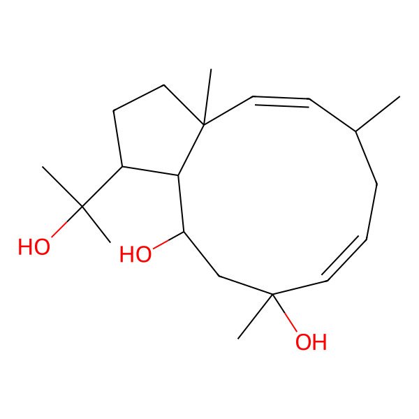 2D Structure of (1R,3aR,4E,6S,8E,10S,12S,12aS)-1-(2-hydroxypropan-2-yl)-3a,6,10-trimethyl-1,2,3,6,7,11,12,12a-octahydrocyclopenta[11]annulene-10,12-diol