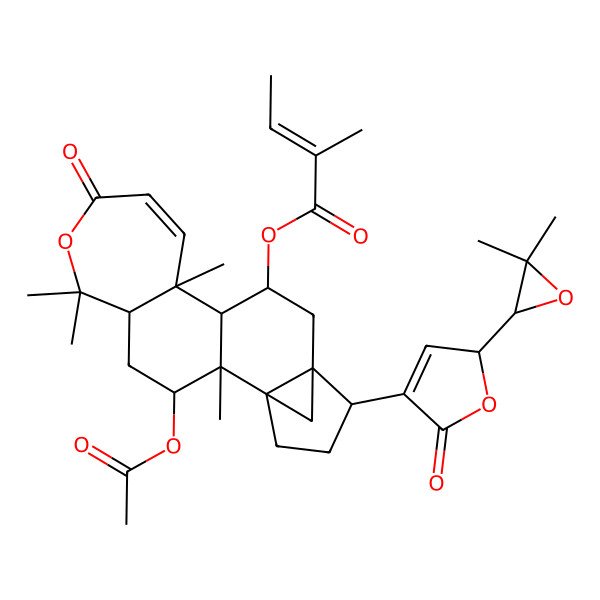 2D Structure of [(1S,2R,3R,5R,11R,12R,13R,15S,16R)-3-acetyloxy-16-[(2S)-2-[(2S)-3,3-dimethyloxiran-2-yl]-5-oxo-2H-furan-4-yl]-2,6,6,11-tetramethyl-8-oxo-7-oxapentacyclo[13.3.1.01,15.02,12.05,11]nonadec-9-en-13-yl] (E)-2-methylbut-2-enoate