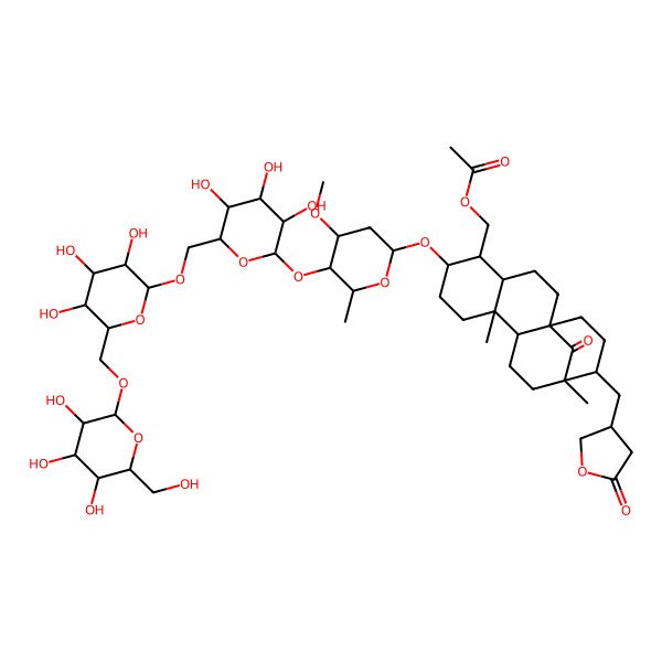 2D Structure of [(1R,4S,5S,6S,9S,10S,13R,14R)-6-[(2R,4R,5S,6S)-4-methoxy-6-methyl-5-[(2S,3R,4S,5S,6R)-3,4,5-trihydroxy-6-[[(2R,3R,4S,5S,6R)-3,4,5-trihydroxy-6-[[(2R,3R,4S,5S,6R)-3,4,5-trihydroxy-6-(hydroxymethyl)oxan-2-yl]oxymethyl]oxan-2-yl]oxymethyl]oxan-2-yl]oxyoxan-2-yl]oxy-9,13-dimethyl-17-oxo-14-[(5-oxooxolan-3-yl)methyl]-5-tetracyclo[11.3.1.01,10.04,9]heptadecanyl]methyl acetate
