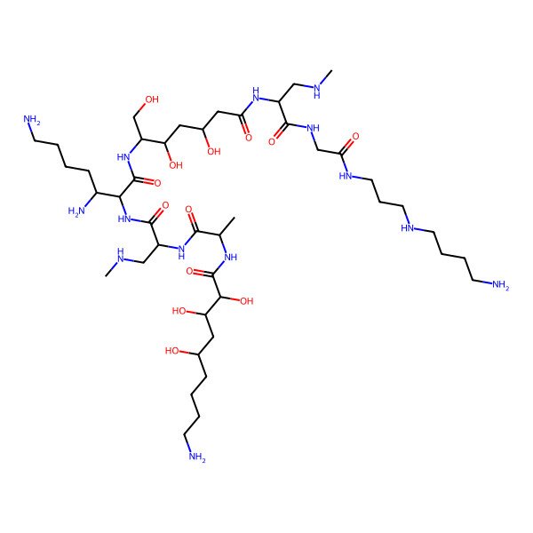 2D Structure of 9-amino-N-[1-[[1-[[3,7-diamino-1-[[7-[[1-[[2-[3-(4-aminobutylamino)propylamino]-2-oxoethyl]amino]-3-(methylamino)-1-oxopropan-2-yl]amino]-1,3,5-trihydroxy-7-oxoheptan-2-yl]amino]-1-oxoheptan-2-yl]amino]-3-(methylamino)-1-oxopropan-2-yl]amino]-1-oxopropan-2-yl]-2,3,5-trihydroxynonanamide