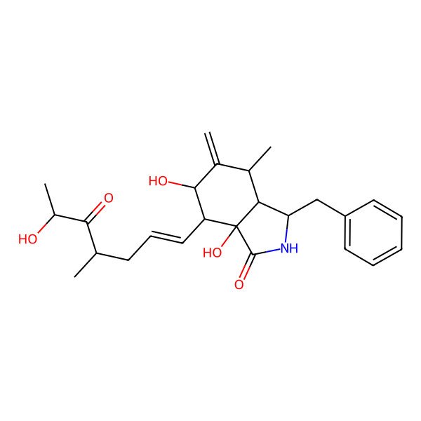 2D Structure of (3S,3aS,4S,6S,7R,7aR)-3-benzyl-6,7a-dihydroxy-7-[(E,4S,6S)-6-hydroxy-4-methyl-5-oxohept-1-enyl]-4-methyl-5-methylidene-2,3,3a,4,6,7-hexahydroisoindol-1-one