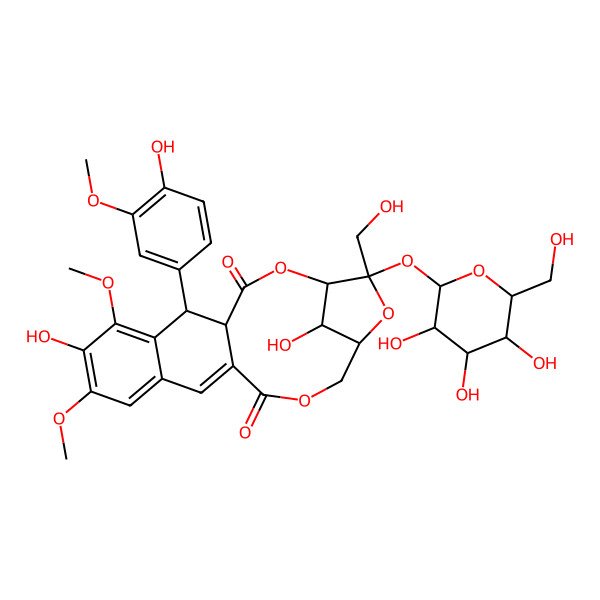 2D Structure of (1S,4R,5R,17R,19S,20R)-8,20-dihydroxy-5-(4-hydroxy-3-methoxyphenyl)-19-(hydroxymethyl)-7,9-dimethoxy-19-[(2R,3R,4S,5S,6R)-3,4,5-trihydroxy-6-(hydroxymethyl)oxan-2-yl]oxy-2,15,18-trioxatetracyclo[15.2.1.04,13.06,11]icosa-6,8,10,12-tetraene-3,14-dione