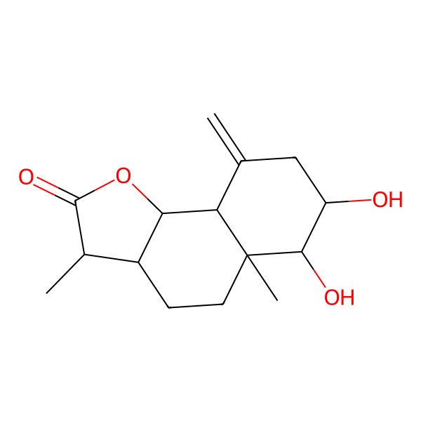 2D Structure of (3S,3aS,5aR,6S,7S,9aS,9bS)-6,7-dihydroxy-3,5a-dimethyl-9-methylidene-3a,4,5,6,7,8,9a,9b-octahydro-3H-benzo[g][1]benzofuran-2-one