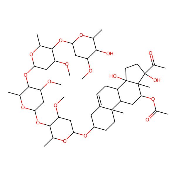 2D Structure of [(3S,8R,9S,10R,12R,13S,14S,17S)-17-acetyl-14,17-dihydroxy-3-[(2R,4S,5R,6R)-5-[(2S,4S,5R,6R)-5-[(2S,4R,5R,6R)-5-[(2S,4R,5R,6R)-5-hydroxy-4-methoxy-6-methyloxan-2-yl]oxy-4-methoxy-6-methyloxan-2-yl]oxy-4-methoxy-6-methyloxan-2-yl]oxy-4-methoxy-6-methyloxan-2-yl]oxy-10,13-dimethyl-2,3,4,7,8,9,11,12,15,16-decahydro-1H-cyclopenta[a]phenanthren-12-yl] acetate