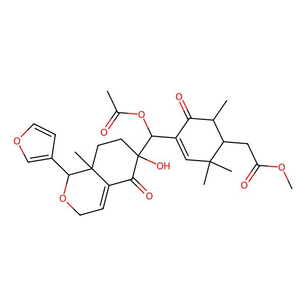 2D Structure of methyl 2-[(1R,6R)-4-[(R)-acetyloxy-[(1R,6S,8aR)-1-(furan-3-yl)-6-hydroxy-8a-methyl-5-oxo-1,3,7,8-tetrahydroisochromen-6-yl]methyl]-2,2,6-trimethyl-5-oxocyclohex-3-en-1-yl]acetate