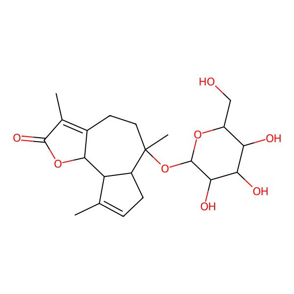 2D Structure of (6S,6aS,9aS,9bS)-3,6,9-trimethyl-6-[(2S,3R,4S,5S,6R)-3,4,5-trihydroxy-6-(hydroxymethyl)oxan-2-yl]oxy-4,5,6a,7,9a,9b-hexahydroazuleno[4,5-b]furan-2-one