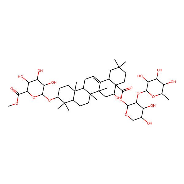 2D Structure of methyl (2S,3S,4S,5R,6R)-6-[[(3S,4aR,6aR,6bS,8R,8aR,12aR,14aR,14bR)-8a-[(2S,3R,4S,5S)-4,5-dihydroxy-3-[(2S,3R,4R,5R,6S)-3,4,5-trihydroxy-6-methyloxan-2-yl]oxyoxan-2-yl]oxycarbonyl-8-hydroxy-4,4,6a,6b,11,11,14b-heptamethyl-1,2,3,4a,5,6,7,8,9,10,12,12a,14,14a-tetradecahydropicen-3-yl]oxy]-3,4,5-trihydroxyoxane-2-carboxylate