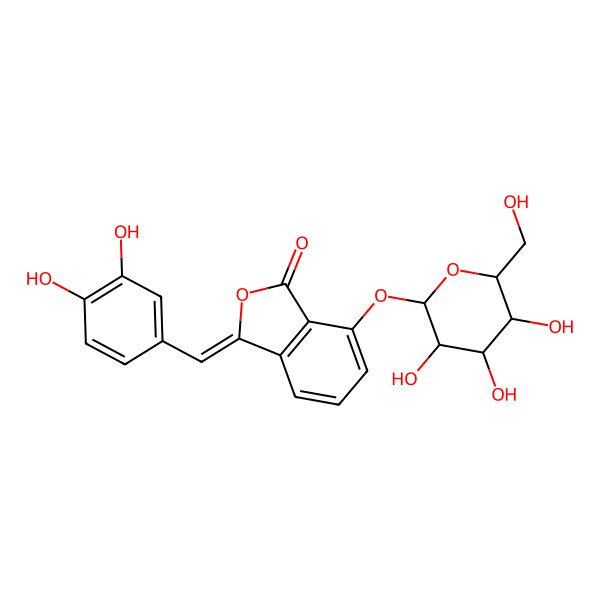 2D Structure of 3-[(3,4-dihydroxyphenyl)methylidene]-7-[(2S,3R,4S,5S,6R)-3,4,5-trihydroxy-6-(hydroxymethyl)oxan-2-yl]oxy-2-benzofuran-1-one