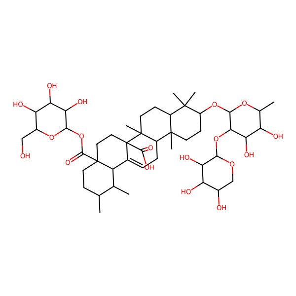 2D Structure of (1S,2R,4aS,6aR,6aR,6bR,8aR,10S,12aR,14bS)-10-[(2R,3R,4S,5S,6R)-4,5-dihydroxy-6-methyl-3-[(2S,3R,4S,5S)-3,4,5-trihydroxyoxan-2-yl]oxyoxan-2-yl]oxy-1,2,6b,9,9,12a-hexamethyl-4a-[(2S,3R,4S,5S,6R)-3,4,5-trihydroxy-6-(hydroxymethyl)oxan-2-yl]oxycarbonyl-2,3,4,5,6,6a,7,8,8a,10,11,12,13,14b-tetradecahydro-1H-picene-6a-carboxylic acid