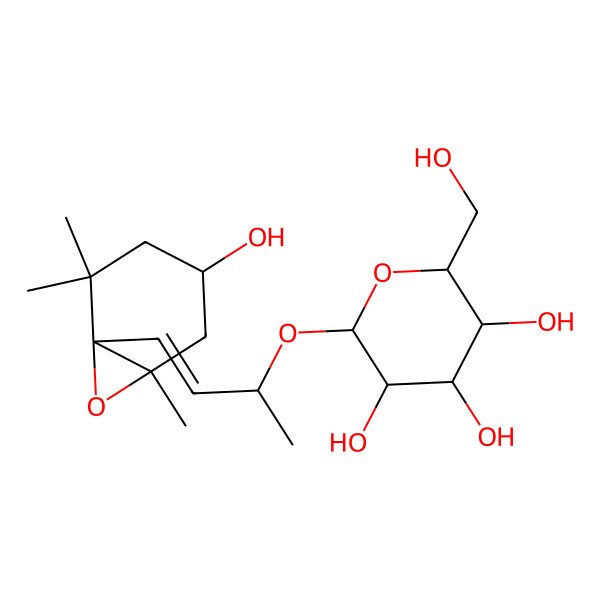 2D Structure of (2S,3R,4R,5S,6S)-2-(hydroxymethyl)-6-[(2R)-4-[(1S,4S,6R)-4-hydroxy-2,2,6-trimethyl-7-oxabicyclo[4.1.0]heptan-1-yl]but-3-en-2-yl]oxyoxane-3,4,5-triol
