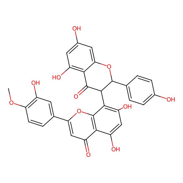 2D Structure of 8-[5,7-Dihydroxy-2-(4-hydroxyphenyl)-4-oxo-2,3-dihydrochromen-3-yl]-5,7-dihydroxy-2-(3-hydroxy-4-methoxyphenyl)chromen-4-one