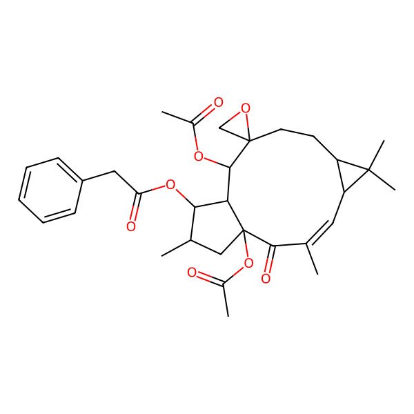 2D Structure of (1',11'-Diacetyloxy-3',6',6',14'-tetramethyl-2'-oxospiro[oxirane-2,10'-tricyclo[10.3.0.05,7]pentadec-3-ene]-13'-yl) 2-phenylacetate