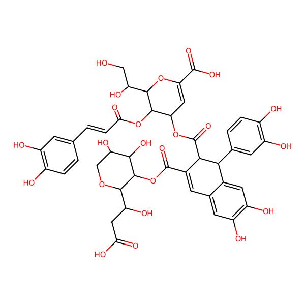 2D Structure of (2R,3R,4R)-4-[(1R)-3-[(2S,3R,4S,5S)-2-(2-carboxy-1-hydroxyethyl)-4,5-dihydroxyoxan-3-yl]oxycarbonyl-1-(3,4-dihydroxyphenyl)-6,7-dihydroxy-1,2-dihydronaphthalene-2-carbonyl]oxy-2-(1,2-dihydroxyethyl)-3-[(E)-3-(3,4-dihydroxyphenyl)prop-2-enoyl]oxy-3,4-dihydro-2H-pyran-6-carboxylic acid