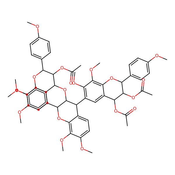 2D Structure of [(2R,3R,4S)-4-[[(2R,3R,4R)-4-[(2R,3S,4S)-3,4-diacetyloxy-7,8-dimethoxy-2-(4-methoxyphenyl)-3,4-dihydro-2H-chromen-6-yl]-7,8-dimethoxy-2-(4-methoxyphenyl)-3,4-dihydro-2H-chromen-3-yl]oxy]-7,8-dimethoxy-2-(4-methoxyphenyl)-3,4-dihydro-2H-chromen-3-yl] acetate