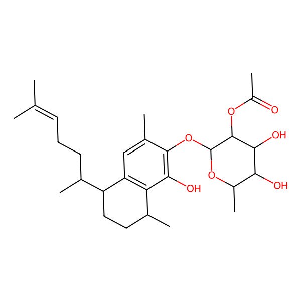 2D Structure of [(2S,3S,4R,5S,6S)-4,5-dihydroxy-2-[[(5R,8S)-1-hydroxy-3,8-dimethyl-5-[(2S)-6-methylhept-5-en-2-yl]-5,6,7,8-tetrahydronaphthalen-2-yl]oxy]-6-methyloxan-3-yl] acetate