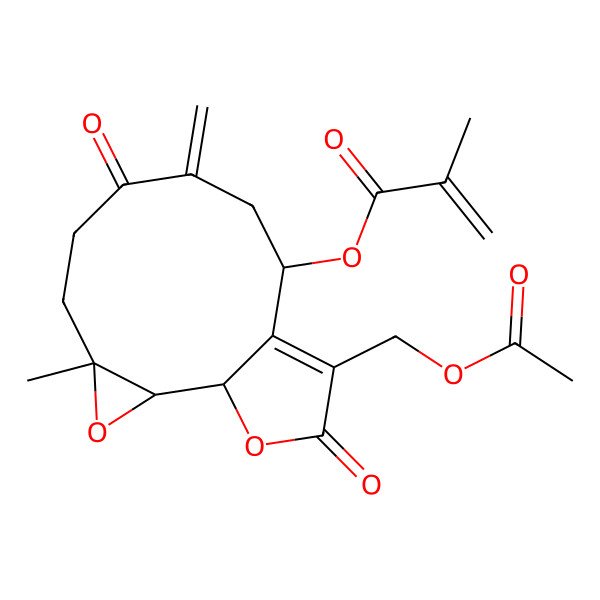 2D Structure of [12-(Acetyloxymethyl)-4-methyl-8-methylidene-7,13-dioxo-3,14-dioxatricyclo[9.3.0.02,4]tetradec-11-en-10-yl] 2-methylprop-2-enoate