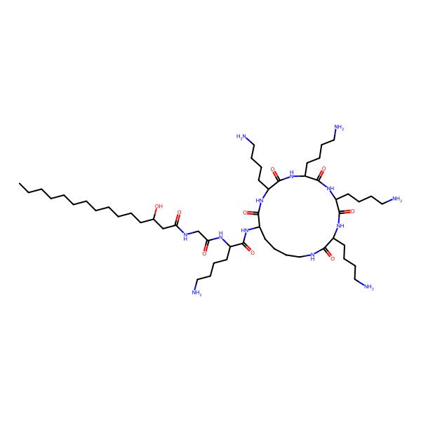 2D Structure of N-[2-[[6-amino-1-oxo-1-[[3,6,9,12-tetrakis(4-aminobutyl)-2,5,8,11,14-pentaoxo-1,4,7,10,13-pentazacyclononadec-15-yl]amino]hexan-2-yl]amino]-2-oxoethyl]-3-hydroxypentadecanamide