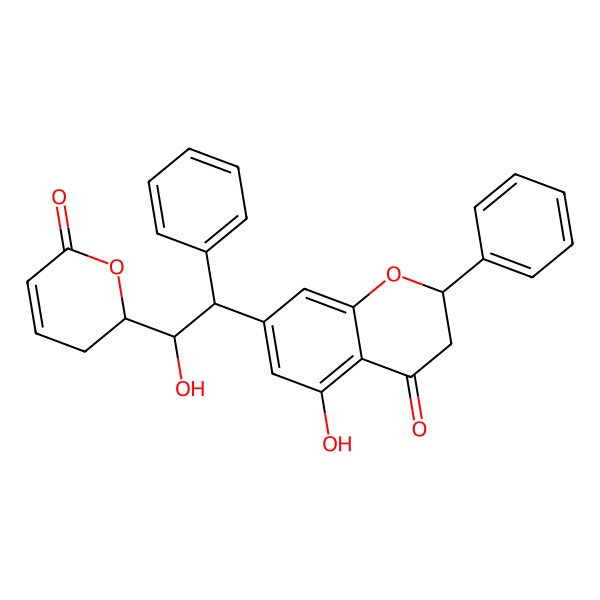 2D Structure of (2R)-5-hydroxy-7-[(1R,2R)-2-hydroxy-2-[(2R)-6-oxo-2,3-dihydropyran-2-yl]-1-phenylethyl]-2-phenyl-2,3-dihydrochromen-4-one