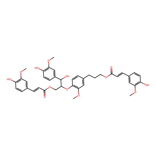 2D Structure of 3-[4-[(1R,2R)-1-hydroxy-1-(4-hydroxy-3-methoxyphenyl)-3-[(E)-3-(4-hydroxy-3-methoxyphenyl)prop-2-enoyl]oxypropan-2-yl]oxy-3-methoxyphenyl]propyl (E)-3-(4-hydroxy-3-methoxyphenyl)prop-2-enoate