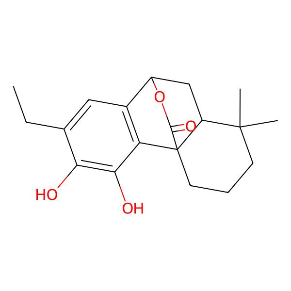 2D Structure of 5-Ethyl-3,4-dihydroxy-11,11-dimethyl-16-oxatetracyclo[6.6.2.01,10.02,7]hexadeca-2(7),3,5-trien-15-one