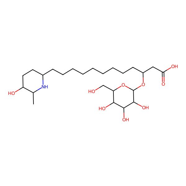 2D Structure of (3R)-12-[(2R,5R,6S)-5-hydroxy-6-methylpiperidin-2-yl]-3-[(2R,3R,4S,5S,6R)-3,4,5-trihydroxy-6-(hydroxymethyl)oxan-2-yl]oxydodecanoic acid