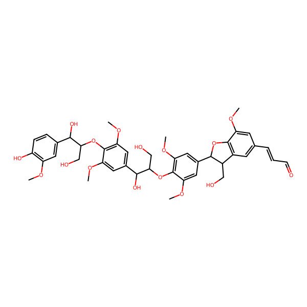 2D Structure of 3-[2-[4-[1-[4-[1,3-Dihydroxy-1-(4-hydroxy-3-methoxyphenyl)propan-2-yl]oxy-3,5-dimethoxyphenyl]-1,3-dihydroxypropan-2-yl]oxy-3,5-dimethoxyphenyl]-3-(hydroxymethyl)-7-methoxy-2,3-dihydro-1-benzofuran-5-yl]prop-2-enal
