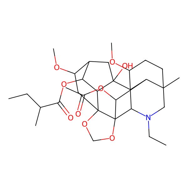 2D Structure of [(1R,2S,3S,4S,5R,6S,8R,12S,13S,16R,19S,20R,21S)-21-acetyloxy-14-ethyl-2-hydroxy-6,19-dimethoxy-16-methyl-9,11-dioxa-14-azaheptacyclo[10.7.2.12,5.01,13.03,8.08,12.016,20]docosan-4-yl] (2S)-2-methylbutanoate