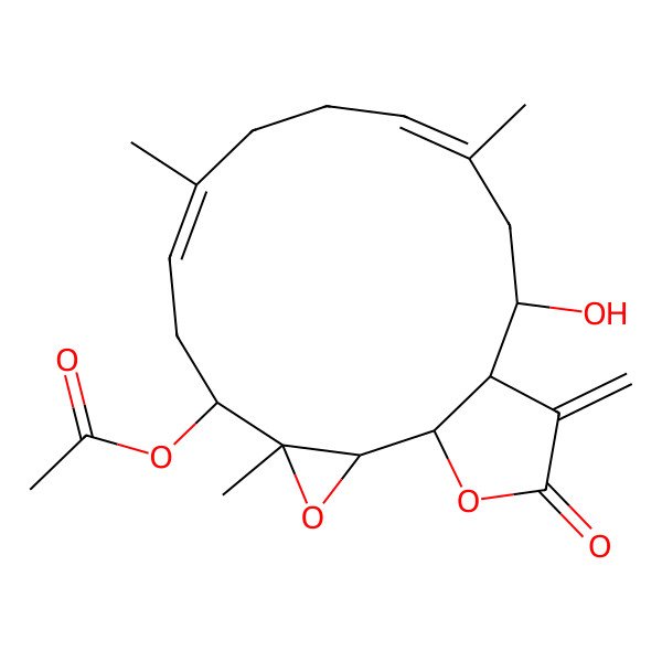 2D Structure of (14-Hydroxy-4,8,12-trimethyl-16-methylidene-17-oxo-3,18-dioxatricyclo[13.3.0.02,4]octadeca-7,11-dien-5-yl) acetate
