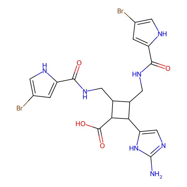 2D Structure of 2-(2-amino-1H-imidazol-5-yl)-3,4-bis[[(4-bromo-1H-pyrrole-2-carbonyl)amino]methyl]cyclobutane-1-carboxylic acid