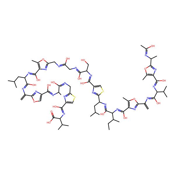 2D Structure of (2S)-2-[[[2-[[[(2S)-2-[[[2-[1-[[(2S)-2-[[[2-[[[2-[[(2S)-1,3-dihydroxy-2-[[hydroxy-[2-[(1S)-1-[[(2S,3S)-1-hydroxy-2-[[hydroxy-[2-[1-[[(2S)-1-hydroxy-2-[[hydroxy-[2-[(1S)-1-(1-hydroxyethylideneamino)ethyl]-5-methyl-1,3-oxazol-4-yl]methylidene]amino]-3-methylbutylidene]amino]ethenyl]-5-methyl-1,3-oxazol-4-yl]methylidene]amino]-3-methylpentylidene]amino]-3-methylbutyl]-1,3-thiazol-4-yl]methylidene]amino]propylidene]amino]-1-hydroxyethylidene]amino]methyl]-5-methyl-1,3-oxazol-4-yl]-hydroxymethylidene]amino]-1-hydroxy-4-methylpentylidene]amino]ethenyl]-1,3-oxazol-4-yl]-hydroxymethylidene]amino]-1-hydroxypropylidene]amino]methyl]-1,3-thiazol-4-yl]-hydroxymethylidene]amino]-3-methylbutanoic acid