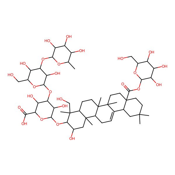 2D Structure of (2S,3S,4S,5R,6R)-6-[[(2S,3R,4R,4aR,6aR,6bS,8aR,12aS,14aR,14bR)-2-hydroxy-4-(hydroxymethyl)-4,6a,6b,11,11,14b-hexamethyl-8a-[(2S,3R,4S,5S,6R)-3,4,5-trihydroxy-6-(hydroxymethyl)oxan-2-yl]oxycarbonyl-1,2,3,4a,5,6,7,8,9,10,12,12a,14,14a-tetradecahydropicen-3-yl]oxy]-4-[(2S,3R,4S,5S,6R)-3,5-dihydroxy-6-(hydroxymethyl)-4-[(2S,3R,4R,5R,6S)-3,4,5-trihydroxy-6-methyloxan-2-yl]oxyoxan-2-yl]oxy-3,5-dihydroxyoxane-2-carboxylic acid