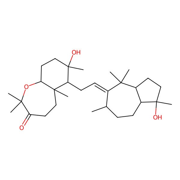 2D Structure of 7-hydroxy-6-[2-(1-hydroxy-1,4,4,6-tetramethyl-3,3a,6,7,8,8a-hexahydro-2H-azulen-5-ylidene)ethyl]-2,2,5a,7-tetramethyl-4,5,6,8,9,9a-hexahydrobenzo[b]oxepin-3-one