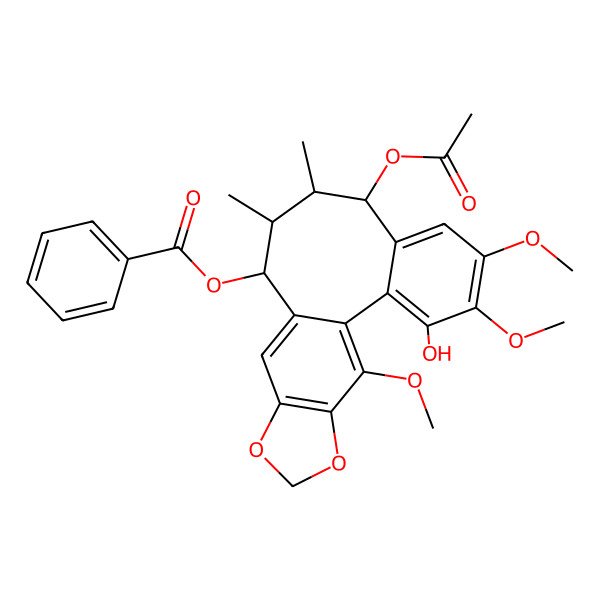 2D Structure of (8-Acetyloxy-3-hydroxy-4,5,19-trimethoxy-9,10-dimethyl-15,17-dioxatetracyclo[10.7.0.02,7.014,18]nonadeca-1(19),2,4,6,12,14(18)-hexaen-11-yl) benzoate