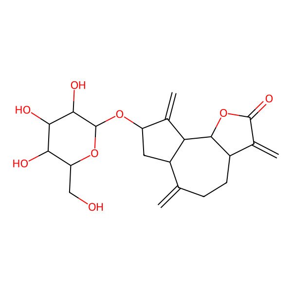 2D Structure of (3aS,6aR,8S,9aR,9bR)-3,6,9-trimethylidene-8-[(2R,3R,4S,5S,6R)-3,4,5-trihydroxy-6-(hydroxymethyl)oxan-2-yl]oxy-3a,4,5,6a,7,8,9a,9b-octahydroazuleno[4,5-b]furan-2-one