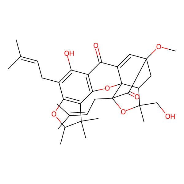 2D Structure of 11-Hydroxy-20-(hydroxymethyl)-16-methoxy-6,6,7,20-tetramethyl-10,18-bis(3-methylbut-2-enyl)-3,8,19-trioxahexacyclo[14.4.1.02,14.02,18.04,12.05,9]henicosa-4(12),5(9),10,14-tetraene-13,17-dione