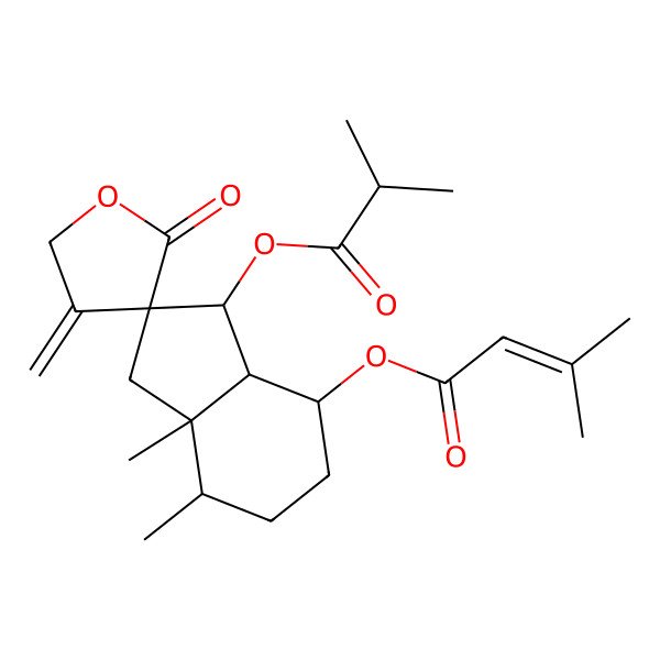 2D Structure of [7,7a-dimethyl-4'-methylidene-3-(2-methylpropanoyloxy)-2'-oxospiro[3,3a,4,5,6,7-hexahydro-1H-indene-2,3'-oxolane]-4-yl] 3-methylbut-2-enoate