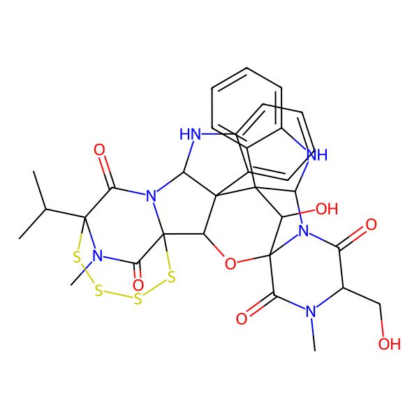 2D Structure of (1R,2S,4R,7S,10R,18S,19S,27R,30S,37S)-37-hydroxy-7-(hydroxymethyl)-6,36-dimethyl-30-propan-2-yl-3-oxa-31,32,33,34-tetrathia-6,9,11,26,28,36-hexazadecacyclo[28.4.2.14,18.01,28.02,19.04,9.010,18.012,17.019,27.020,25]heptatriaconta-12,14,16,20,22,24-hexaene-5,8,29,35-tetrone