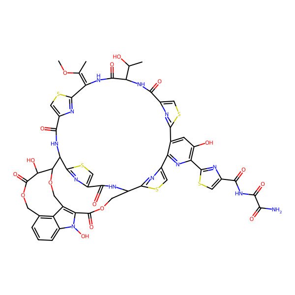 2D Structure of N'-[2-[9,30,52-trihydroxy-18-(1-hydroxyethyl)-21-(1-methoxyethylidene)-16,19,26,31,42,46-hexaoxo-32,43,54-trioxa-3,13,23,49-tetrathia-7,17,20,27,45,51,52,55,56,57-decazadecacyclo[26.16.6.229,40.12,5.112,15.122,25.138,41.147,50.06,11.034,39]heptapentaconta-2(57),4,6,8,10,12(56),14,22(55),24,34(39),35,37,40,47,50-pentadecaen-8-yl]-1,3-thiazole-4-carbonyl]oxamide