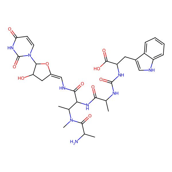 2D Structure of 2-[[1-[[3-[2-Aminopropanoyl(methyl)amino]-1-[[(Z)-[5-(2,4-dioxopyrimidin-1-yl)-4-hydroxyoxolan-2-ylidene]methyl]amino]-1-oxobutan-2-yl]amino]-1-oxopropan-2-yl]carbamoylamino]-3-(1H-indol-3-yl)propanoic acid