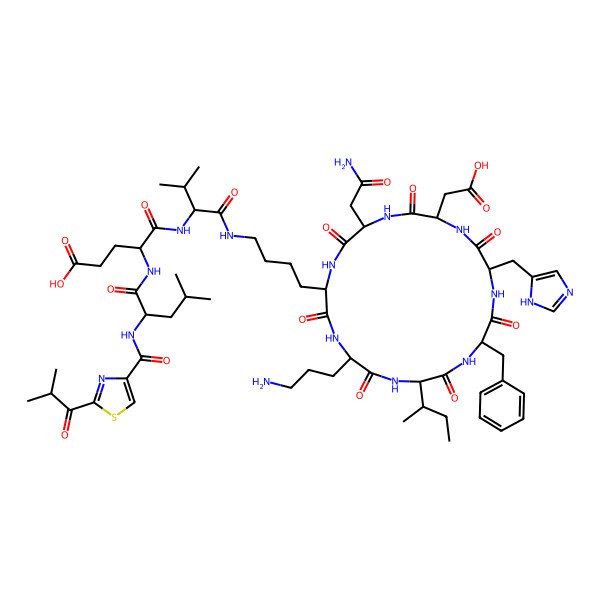 2D Structure of (4R)-5-[[(2S)-1-[4-[(2S,5R,8S,11R,14S,17R,20S)-20-(2-amino-2-oxoethyl)-5-(3-aminopropyl)-11-benzyl-8-[(2S)-butan-2-yl]-17-(carboxymethyl)-14-(1H-imidazol-5-ylmethyl)-3,6,9,12,15,18,21-heptaoxo-1,4,7,10,13,16,19-heptazacyclohenicos-2-yl]butylamino]-3-methyl-1-oxobutan-2-yl]amino]-4-[[(2S)-4-methyl-2-[[2-(2-methylpropanoyl)-1,3-thiazole-4-carbonyl]amino]pentanoyl]amino]-5-oxopentanoic acid