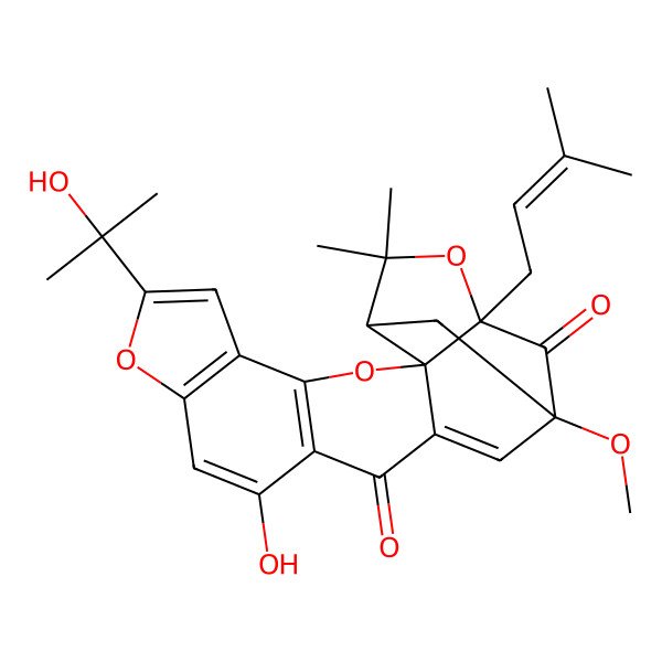 2D Structure of (1R,2R,16S,18S)-11-hydroxy-7-(2-hydroxypropan-2-yl)-16-methoxy-20,20-dimethyl-18-(3-methylbut-2-enyl)-3,8,19-trioxahexacyclo[14.4.1.02,14.02,18.04,12.05,9]henicosa-4(12),5(9),6,10,14-pentaene-13,17-dione