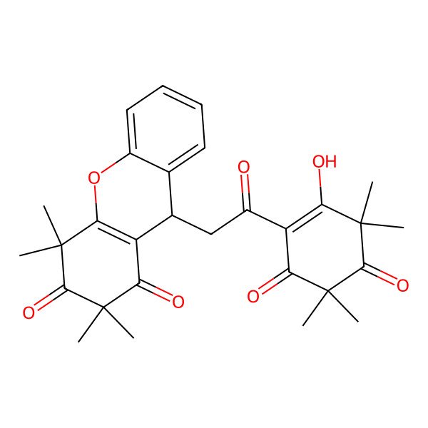 2D Structure of (9R)-9-[2-(2-hydroxy-3,3,5,5-tetramethyl-4,6-dioxocyclohexen-1-yl)-2-oxoethyl]-2,2,4,4-tetramethyl-9H-xanthene-1,3-dione