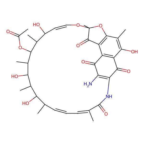 2D Structure of (26-Amino-2,11,15,17-tetrahydroxy-3,7,12,14,16,18,22-heptamethyl-6,23,27,29-tetraoxo-8,30-dioxa-24-azatetracyclo[23.3.1.14,7.05,28]triaconta-1(28),2,4,9,19,21,25-heptaen-13-yl) acetate