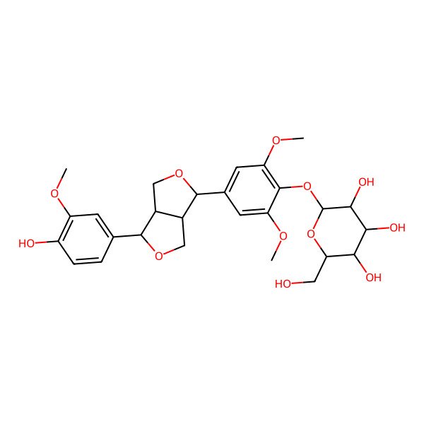 2D Structure of (2S,3R,4S,5R,6R)-2-[4-[(3S,3aR,6S,6aR)-3-(4-hydroxy-3-methoxyphenyl)-1,3,3a,4,6,6a-hexahydrofuro[3,4-c]furan-6-yl]-2,6-dimethoxyphenoxy]-6-(hydroxymethyl)oxane-3,4,5-triol