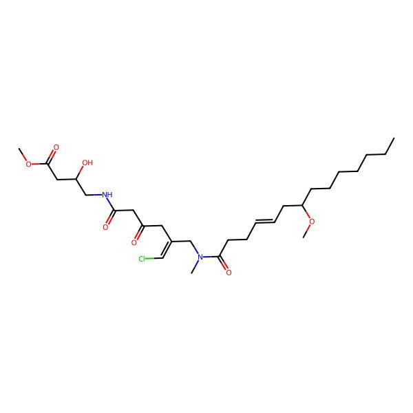 2D Structure of methyl (3R)-4-[[6-chloro-5-[[[(E,7S)-7-methoxytetradec-4-enoyl]-methylamino]methyl]-3-oxohex-5-enoyl]amino]-3-hydroxybutanoate