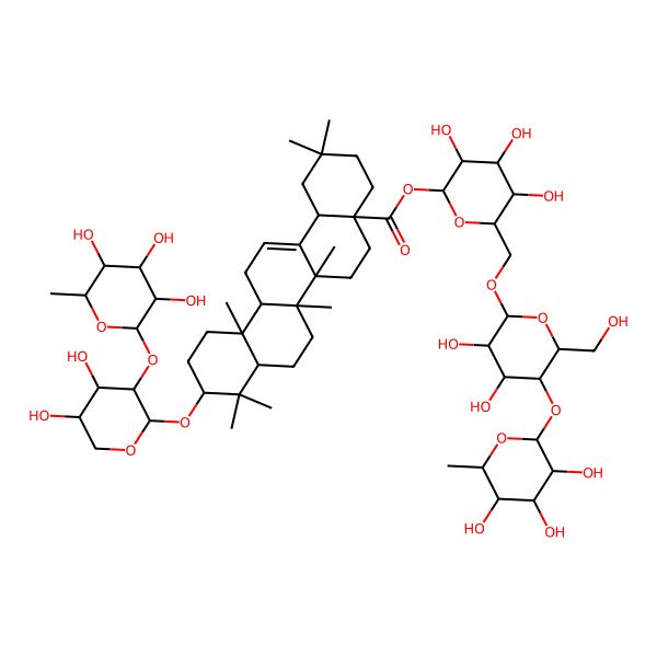 2D Structure of [(2S,3R,4S,5S,6R)-6-[[(2R,3R,4R,5S,6R)-3,4-dihydroxy-6-(hydroxymethyl)-5-[(2S,3R,4R,5R,6S)-3,4,5-trihydroxy-6-methyloxan-2-yl]oxyoxan-2-yl]oxymethyl]-3,4,5-trihydroxyoxan-2-yl] (4aS,6aR,6aS,6bR,8aR,10S,12aR,14bR)-10-[(2S,3R,4S,5S)-4,5-dihydroxy-3-[(2S,3R,4R,5R,6S)-3,4,5-trihydroxy-6-methyloxan-2-yl]oxyoxan-2-yl]oxy-2,2,6a,6b,9,9,12a-heptamethyl-1,3,4,5,6,6a,7,8,8a,10,11,12,13,14b-tetradecahydropicene-4a-carboxylate