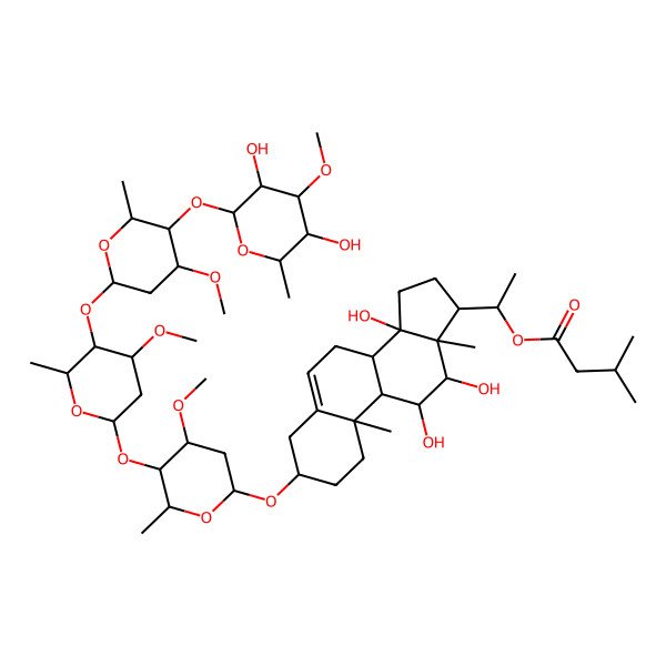 2D Structure of [(1R)-1-[(3R,8R,9S,10R,11S,12S,13S,14S,17S)-3-[(2R,4S,5R,6R)-5-[(2S,4S,5R,6R)-5-[(2S,4R,5R,6R)-5-[(2S,3R,4R,5R,6R)-3,5-dihydroxy-4-methoxy-6-methyloxan-2-yl]oxy-4-methoxy-6-methyloxan-2-yl]oxy-4-methoxy-6-methyloxan-2-yl]oxy-4-methoxy-6-methyloxan-2-yl]oxy-11,12,14-trihydroxy-10,13-dimethyl-1,2,3,4,7,8,9,11,12,15,16,17-dodecahydrocyclopenta[a]phenanthren-17-yl]ethyl] 3-methylbutanoate