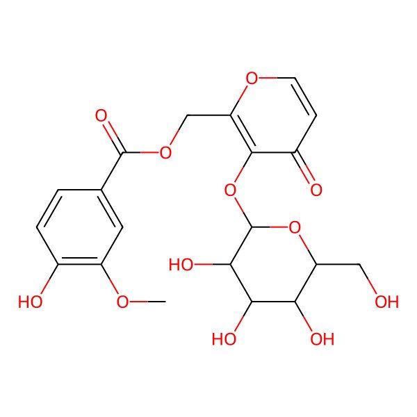 2D Structure of [4-oxo-3-[(2S,3R,4S,5S,6R)-3,4,5-trihydroxy-6-(hydroxymethyl)oxan-2-yl]oxypyran-2-yl]methyl 4-hydroxy-3-methoxybenzoate