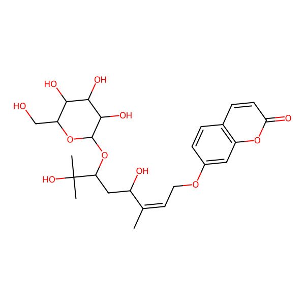 2D Structure of 7-[(E,4R,6R)-4,7-dihydroxy-3,7-dimethyl-6-[(2S,3R,4S,5S,6R)-3,4,5-trihydroxy-6-(hydroxymethyl)oxan-2-yl]oxyoct-2-enoxy]chromen-2-one