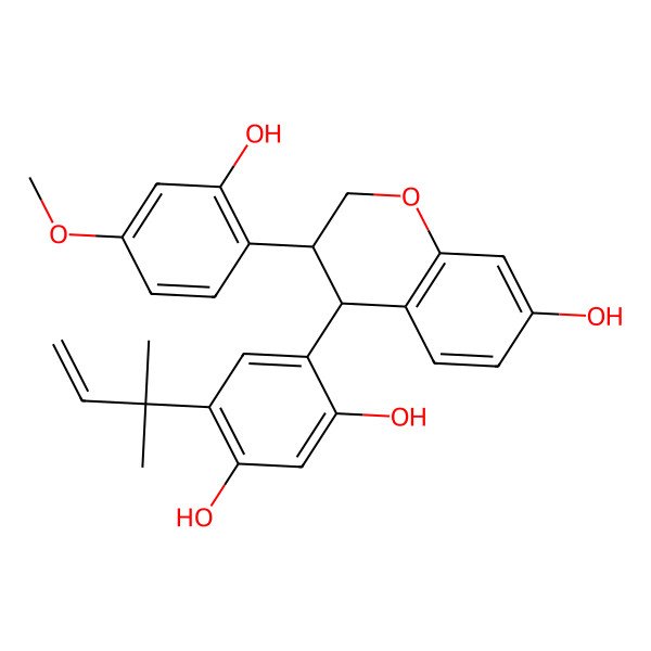 2D Structure of 4-[7-hydroxy-3-(2-hydroxy-4-methoxyphenyl)-3,4-dihydro-2H-chromen-4-yl]-6-(2-methylbut-3-en-2-yl)benzene-1,3-diol